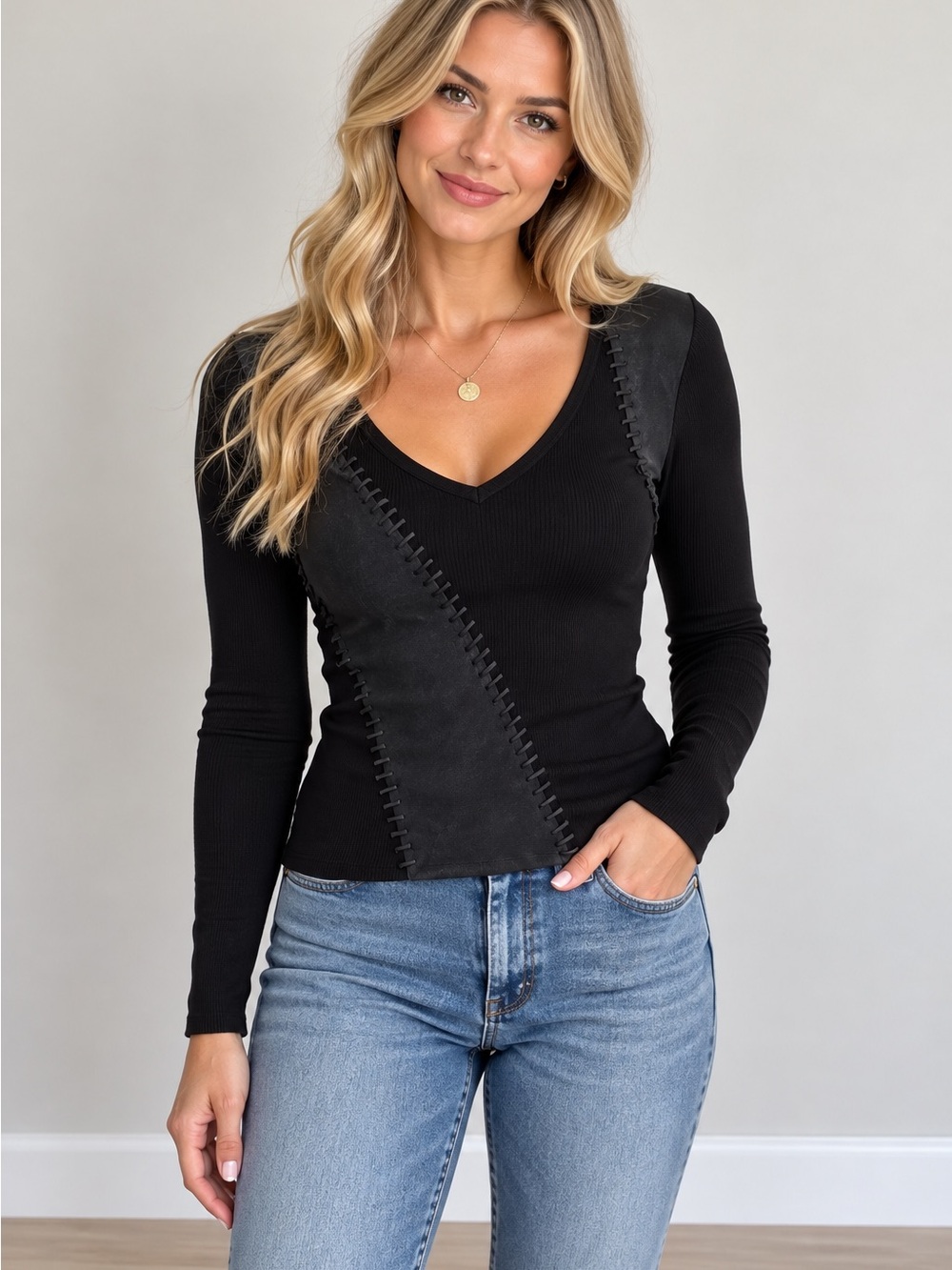 BCBGMaxAzria Black V-Neck Long Sleeve Top with Diagonal Panel
